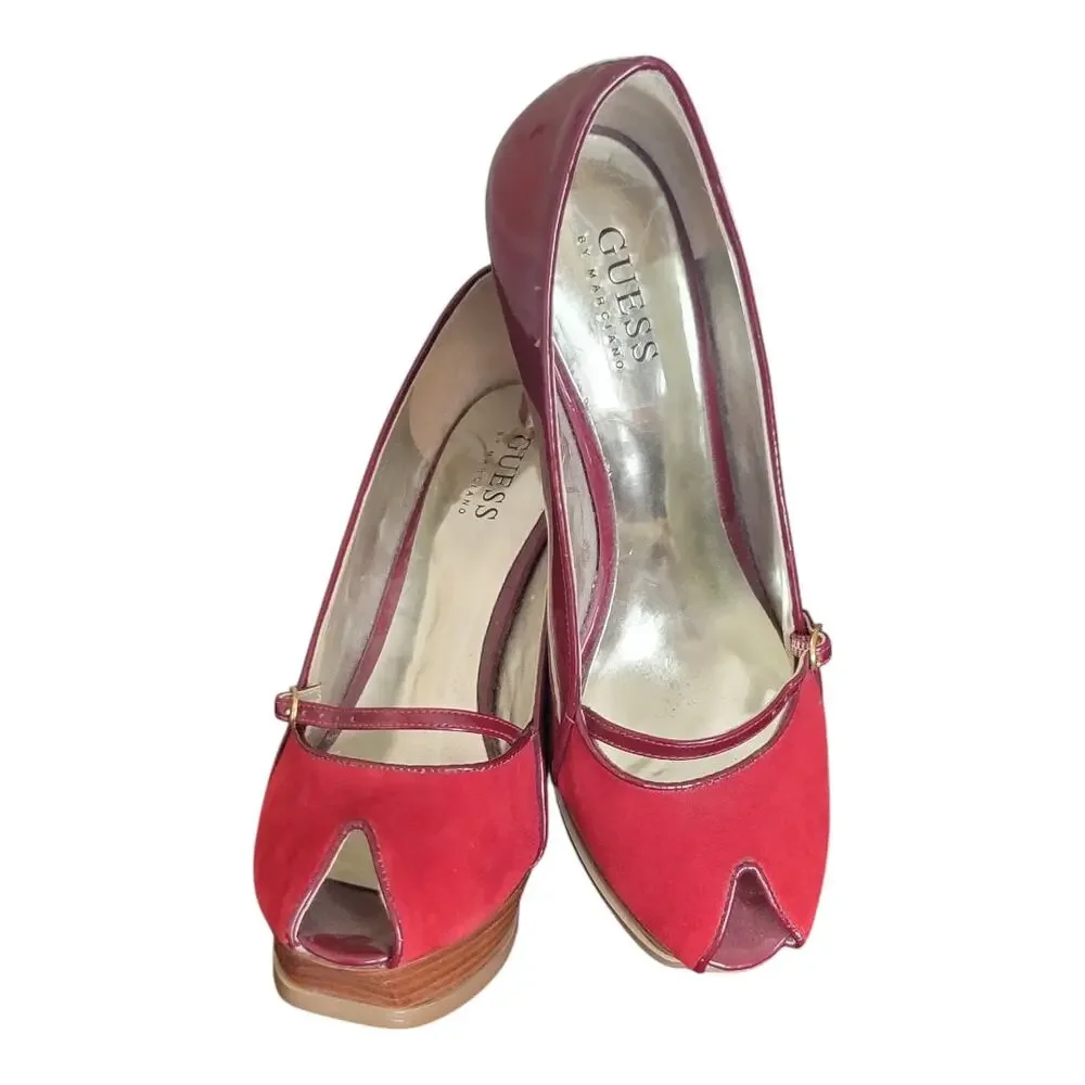 Guess By Marciano High Heels Red Suede Leather Peep Toe Women's US 6.5M‎